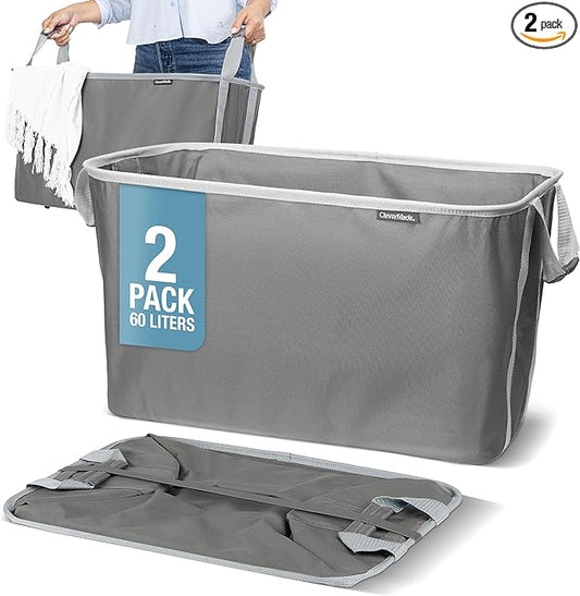 CleverMade Collapsible Laundry Basket 2 Pack – 60L (16 Gal) Foldable Clothes Hamper with Reinforced Handles, Space Saving Fabric Laundry Bin, Holds 55 lbs, Flat Folding for Dorm, Apartment & RV - Charcoal