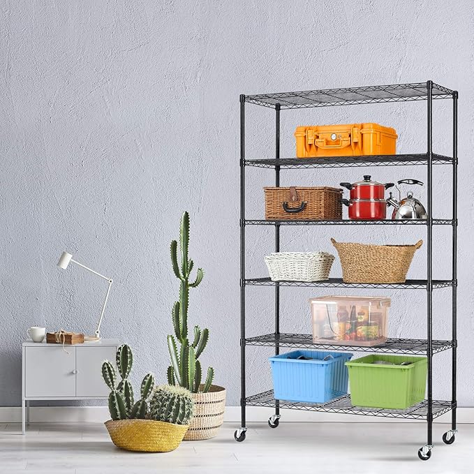 HCY 6-Tier Storage Shelf Heavy Duty Shelving Unit NSF Height Adjustable Metal Rack with Wheels for Laundry Bathroom Kitchen Garage Pantry Organization 2100 LBS Capacity-82*48*18 inch, (Black)
