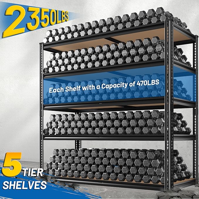ROOMFAVE 40" W Storage Shelves 5 Tier Garage Shelving Heavy Duty,2350LBS Adjustable Metal Shelving Unit, Garage Shelves for Basement, Warehouse, Pantry, Closet, 72.1" H x 40" W x 20" D, Black,4PCS