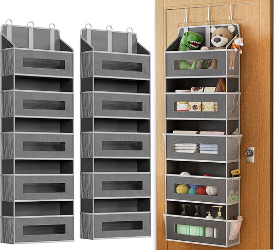 2 Pack 5 Tier Over The Door Organizer - Large Capacity Behind Door Hanging Shelves with 10 Mesh Pockets and Clear Windows, Closet Organizers and Storage for Bathroom, Bedroom, Nursery, Grey