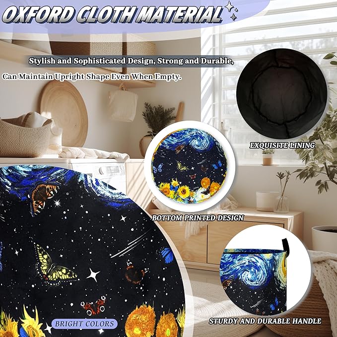 Starry Sky Sunflowers Laundry Basket Foldable Butterfly Laundry Hamper With Handle Portable Oxford Cloth Clothes Storage Basket Colorful Laundry Bag 18.9"x16.5" For Laundry Room/Bedroom/Bathrooms