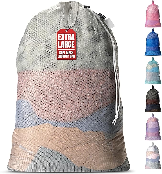 Handy Laundry Mesh Laundry Bag 24 x 36 Inches - Extra Large Heavy Duty Bag with Handles & Shoulder Strap, Breathable, Machine Washable for Dorm, Travel, Bedding & Storage - Grey