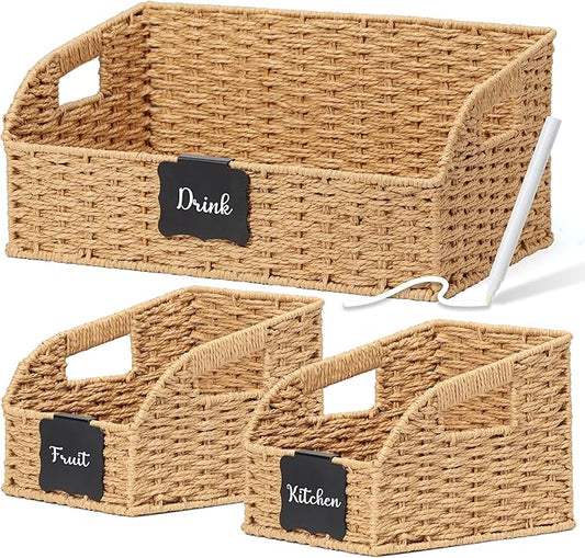 Pantry Organizers, Handwoven Large Wicker Baskets for Shelves & Kitchen, Labeled Storage Baskets for Organizing with Handles - Paper Storage Bins for Shelves, 3 Pack, Natural