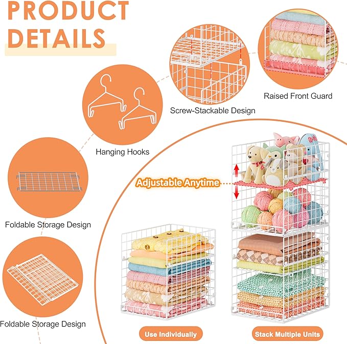 8-Tier Extended Depth Hanging Closet Organizers and Storage for Closet System, Stackable Closet Shelves with 4 Adjustable Dividers for Clothes Sweaters Purses, Wire Hanging Basket Fits Closet Laundry