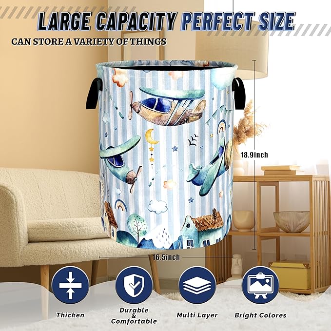 Cartoon Airplane Laundry Basket Foldable Funny Plane Laundry Hamper With Handle Portable Oxford Cloth Clothes Storage Basket Laundry Bag 18.9"x16.5" For Laundry Room/Bedroom/Bathrooms