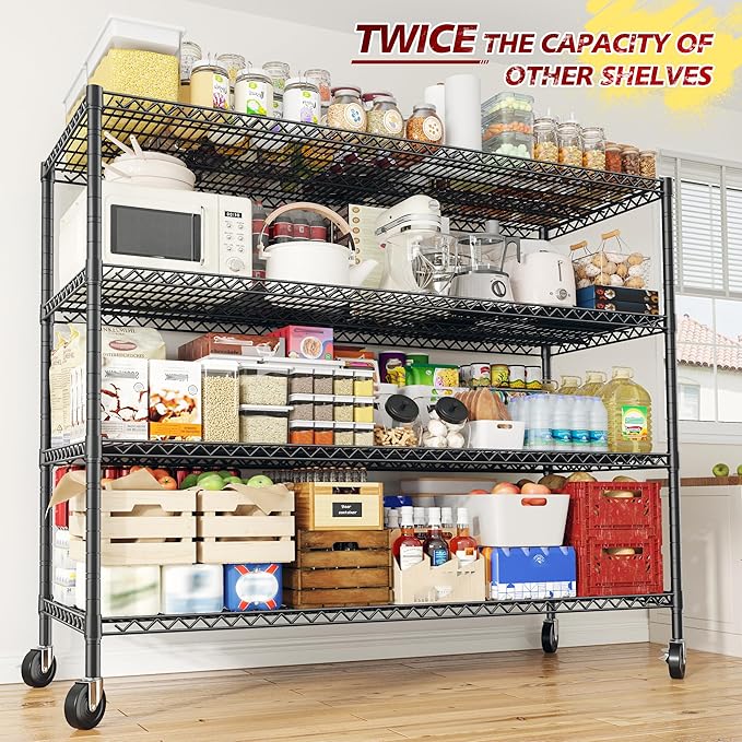 75.6" H Storage Shelves 2500LBS Garage_shelving with Wheels Metal_Shelving Heavy Duty Wire Shelves-Storage Rack Adjustable Pantry Shelf Commercial-Shelving-Kitchen,Garage,55.5''W X 24" D (Pack of 4)