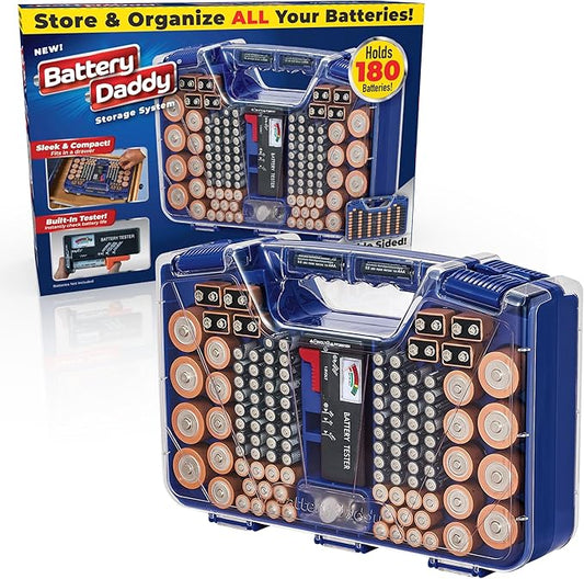 Battery Daddy Storage & Organizer Case with Tester, Stores & Protects Up to 180 Batteries, Double-Sided, Clear Locking Lid, Secure Latches & Portable Carrying Handle - Blue (Batteries Not Included)