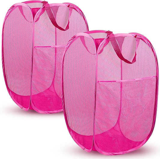 DUCOO Pop Up Laundry Hamper, 70L Collapsible Mesh Laundry Basket with Side Pocket, Foldable Dirty Clothes Hamper with Sturdy Reinforced Handles for Home Dorm Bedroom Travel Storage, Pink, 2Pack