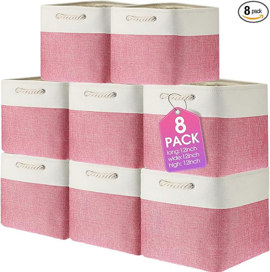 meekoo 8 Pack Collapsible Storage Bins Fabric Storage Bins Polyester Fabric Baskets with Handles Linen Closet Organizer for Shelf Home Closet Towels Toys(12 x 12 x 12 in,Pink White)