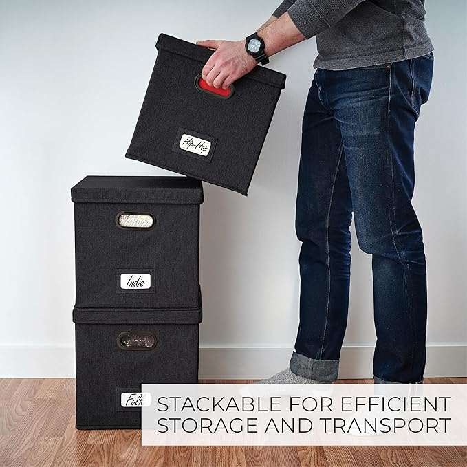 ZICOTO Decorative Vinyl Record Storage Box for 50+ Single Records - Sturdy and Easy to Carry LP Holder with Lid - The Perfect Storage Crate for Your Valuable Album Collection
