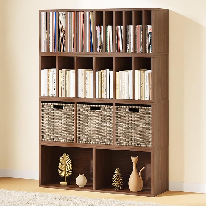 IOTXY DIY Modular Cube Bookcase - CubeXY Customizable Stackable Expandable Combination Set, 23-Cube Open Bookshelf for Books, Fabric Storage Bin, and 7/10-inch Vinyl Record Organizer, Walnut