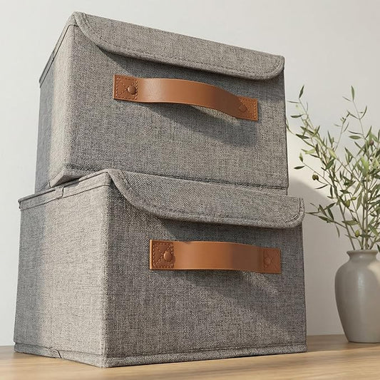 Decorative Linen Storage Boxes with Lids - Spacious Set of 2 Organizer Bins for Your Home Decor - The Perfect Small Container to Safely Store Photos, Documents and Memory Box Keepsakes in Style