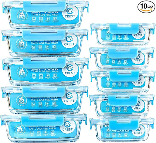 C CREST Glass Meal Prep Containers, [10 Pack] Glass Food Storage Containers with Lids, Airtight Bento Boxes, BPA Free & Leak Proof (10 Lids & 10 Containers)