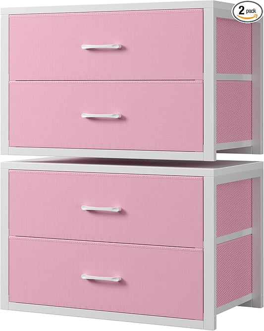BOLUO Stackable Closet Drawers for Clothes Organizers and Storage Fabric Pink 2 Drawer Dresser for Bedroom 2 Packs Modern Large