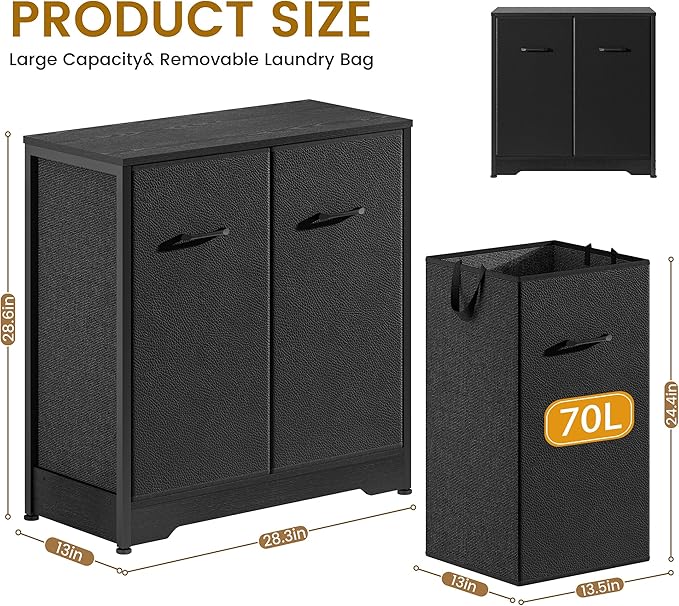 Pull-Out Laundry Sorter Cabinet With Removable Bags, Laundry Basket, 140L (2x70L) Laundry Hamper 2 Section For Organized Bedroom, Laundry Room, Black