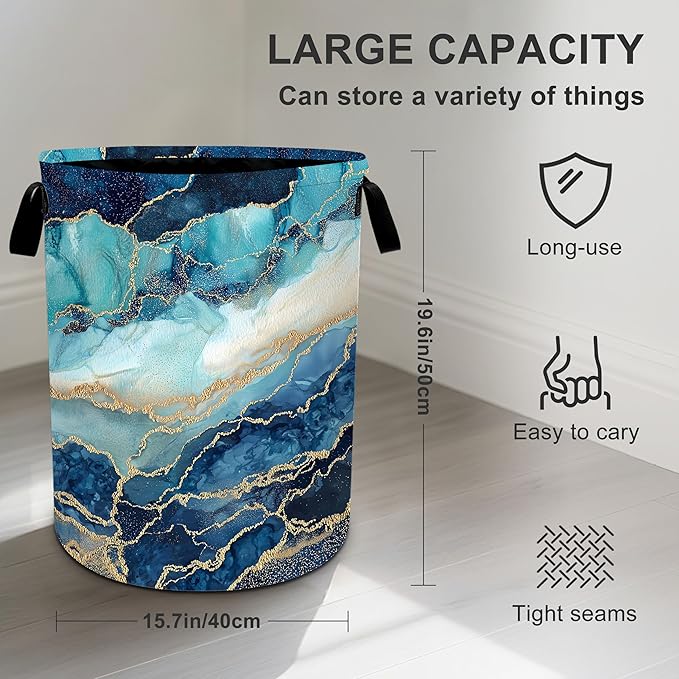Marble Teal Laundry Basket Storage Bin Foldable Laundry Hamper Clothes Storage Bucket Organizer 19.6x15.7 Inch For Laundry Room/Bedroom/Bathroom