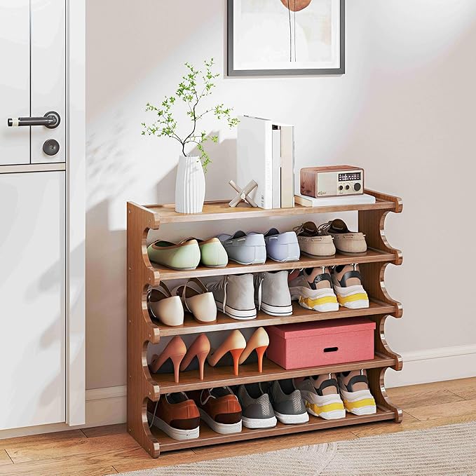 KNERS Bamboo Shoe Rack, Multi-Layer Space-Saving Shoe Organizer for Entryway, Bedroom or Living Room, Stable & Easy to Install, 3-Tier / 5-Tier / 6-Tier Options (5 Layer - 70cm)