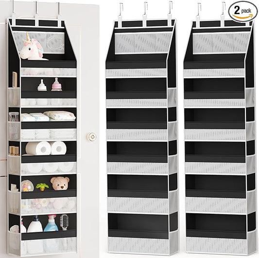 Criusia 2 Pack Over the Door Organizer, Heavy-Duty 6-Shelf Hanging Storage with 13 Mesh Pockets, 55lbs Capacity Behind the Door Storage for Nursery, Bathroom, Bedroom, and Dorm, Black
