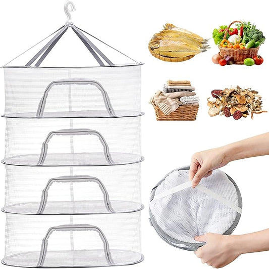 Coloch 4 Layer Herb Drying Rack with Zipper, Hanging Mesh Net Collapsible Food Drying Fish Net Hanging Basket Dryer Net for Seeds, Buds, Fruits, Vegetables, Herbs, Fish, Clothes, Doll