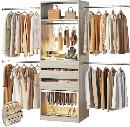 Closet System, 4-8FT Closet Organizer with 3 Wood Drawers & Glass Top, 102'' Walk in Closet with 5 Hang Rods & LED Lights & Trouser Rack, Built-in Wardrobe Clothes Rack with Shelves & Tower,White Oak