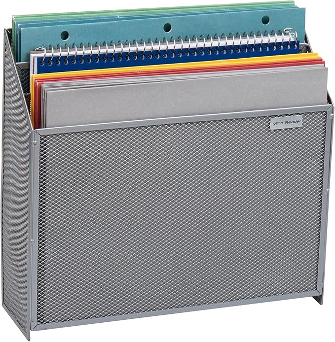 Mind Reader Vertical File Storage, Desktop Organizer, Wall Mount, Office, Metal Mesh, 12.5"L x 3.75"W x 11.5"H, Silver