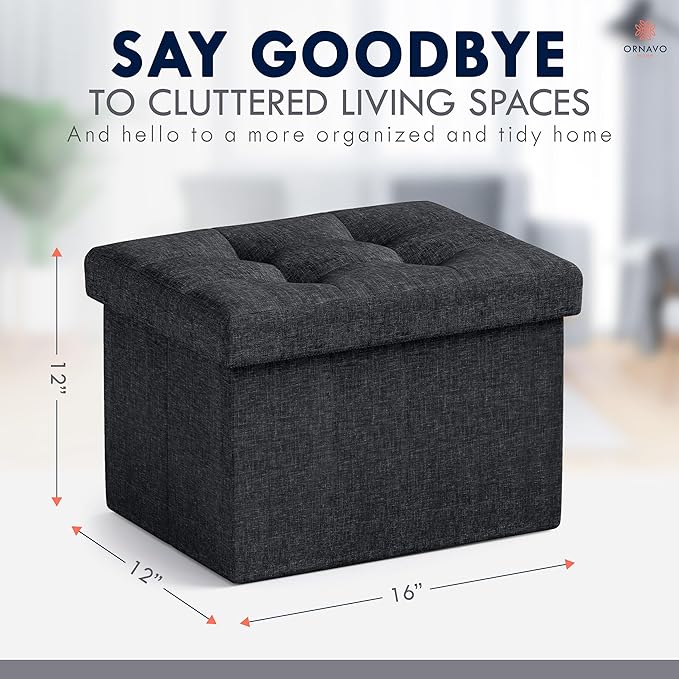 Ornavo Home Small Storage Ottoman, Set of 2, Foldable Collapsible Rectangle Linen Ottoman Foot Rest Stool Seat, for Living Room, Bedroom, Home Office, Dorm - 12 x 16 x 12, Black