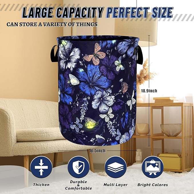Butterfly Laundry Basket Foldable Purple Blue Butterflies Laundry Hamper With Handle Portable Oxford Cloth Clothes Storage Basket Colorful Laundry Bag 18.9"x16.5" For Laundry Room/Bedroom/Bathrooms