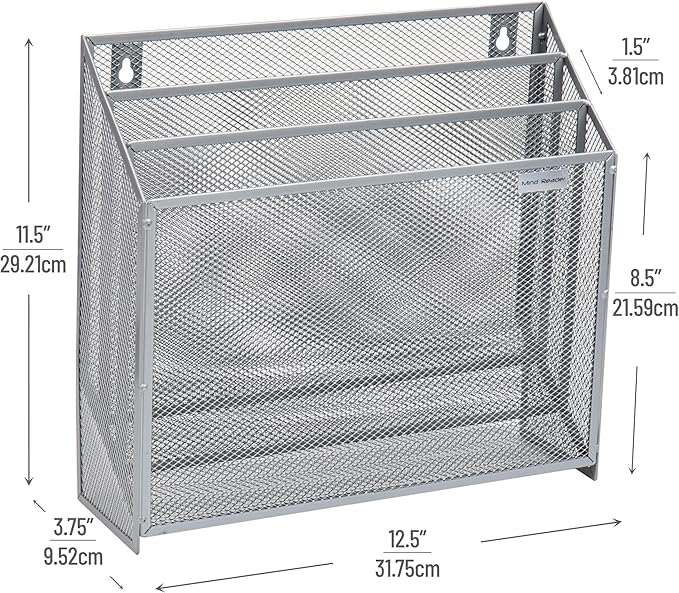 Mind Reader Vertical File Storage, Desktop Organizer, Wall Mount, Office, Metal Mesh, 12.5"L x 3.75"W x 11.5"H, Silver