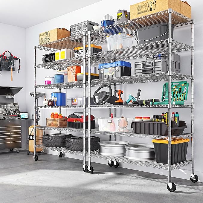 Romorgniz 82" H X45 W X18 D Storage Shelves with Wheels, 6 Tier Wire Shelving Adjustable Metal Shelving Pantry Shelves Capacity 1200LBS for Garage Shelving, Pantry, Kitchen, Commercial, Chrome,3P