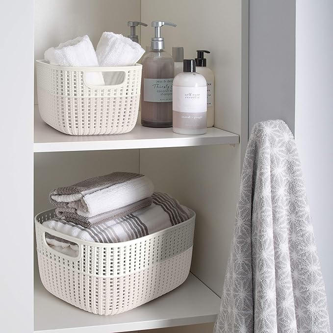 Simplify 2 Pack 2 Tone Sailor Knot Plastic Storage Tote | Decorative Basket | Closet Organization | De-clutter | Accessories | Toys | Bathroom Organization | Large | Ivory
