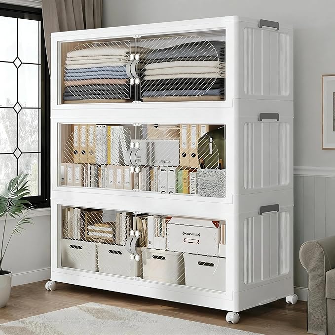 45Gal/180QT 3-Tiers Extra Large Stackable Storage Bins with Lid, Collapsible Cabinet Closet Organizer Plastic Container Box with Wheels Doors Drawers for Office Dorm Kitchen, White