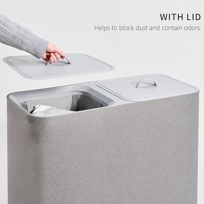 Laundry Hamper with Lid and Removable Laundry Bags, Large 2 Dividers Dirty Clothes Basket for Bedroom, Laundry Room, Bathroom