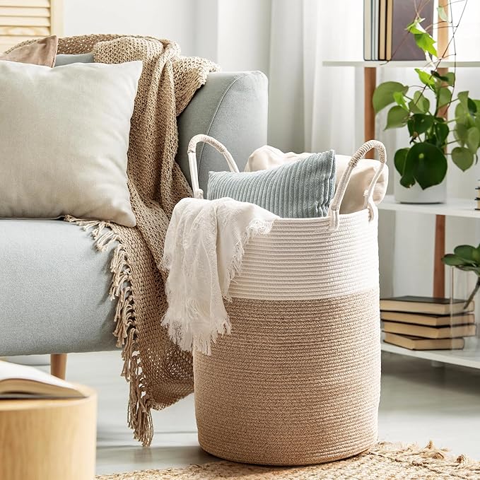 Laundry Basket – Laundry Hamper for Clothes, Blankets, Yoga Mat – Woven Cotton Rope Basket for Living Room, Nursery Room – Boho Style –15”D x 18”H – White & Beige Brown