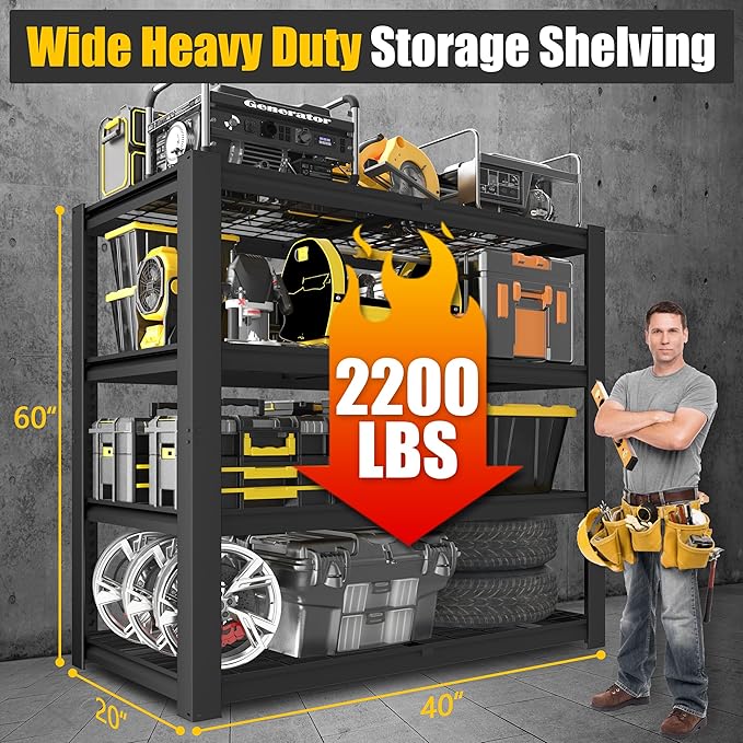 PrimeZone Heavy Duty Garage Shelving 2200 LBS 4 Tier Heavy Duty Storage Shelves Adjustable Industrial Metal Wire Shelf Unit for Garage,Basement,Pantry,Warehouse,Commercial,40" W X 20" D X 60" H 2Pack