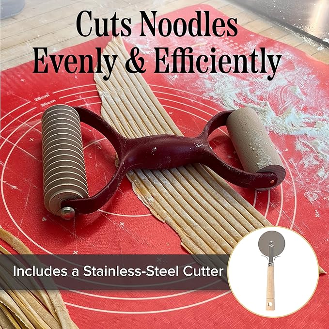7 Pcs Pasta Making Tools - Kitchen Set with Handle, Pasta Cutter, Small Rolling Pin, and 4 Grooved Rollers for Spaghetti, Fettucine, Tagliatelle, and Pappardelle - Made in Italy by Classic Cuisine