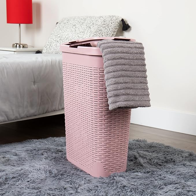Mind Reader Slim Laundry Hamper with Lid, 40L Clothes Basket, Narrow Tapered Design with Ventilated Cutout Pattern, Plastic, Set of 2, Pink