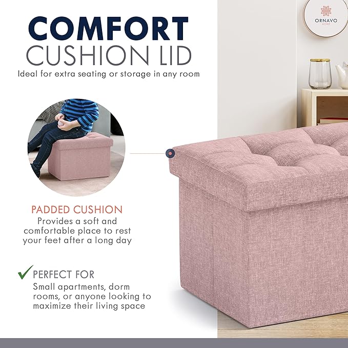 Ornavo Home Small Storage Ottoman, Set of 2, Foldable Collapsible Rectangle Linen Ottoman Foot Rest Stool Seat, for Living Room, Bedroom, Home Office, Dorm - 12 x 16 x 12, Pink