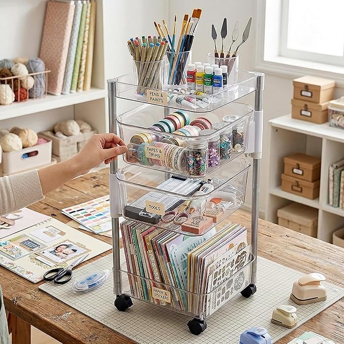 OnDisplay 360° Rotating Clear Storage Trolley – Multi-Tier Rolling Acrylic Utility Cart for Vanity, Craft Room, Pantry, Office & Bathroom – Mobile Multipurpose Organizer Rack for Makeup, Kitchen,