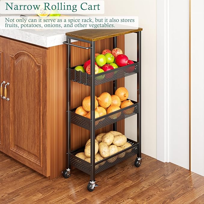 XYZLVSI Slim Storage Cart 4 Tier Fruit and Vegetable Baskets for Kitchen Small Space, Narrow Laundry Cart on Wheels with Wooden Top and Metal Handle for Pantry, Bathroom, Laundry Room