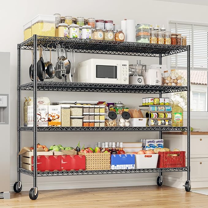 75.6" H Storage Shelves 2500LBS Garage_shelving with Wheels Metal_Shelving Heavy Duty Wire Shelves-Storage Rack Adjustable Pantry Shelf Commercial-Shelving-Kitchen,Garage,55.5''W X 24" D (Pack of 4)