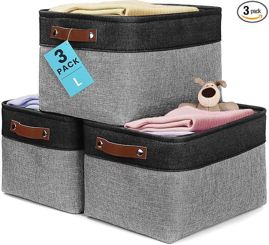 OrganiHaus Large Fabric Storage Baskets for Shelves 3 Pack, 15x11in Closet Storage Bins, Canvas Storage Bin for Organizing, Cloth Baskets, Linen Closet Organizers, Gray/Black