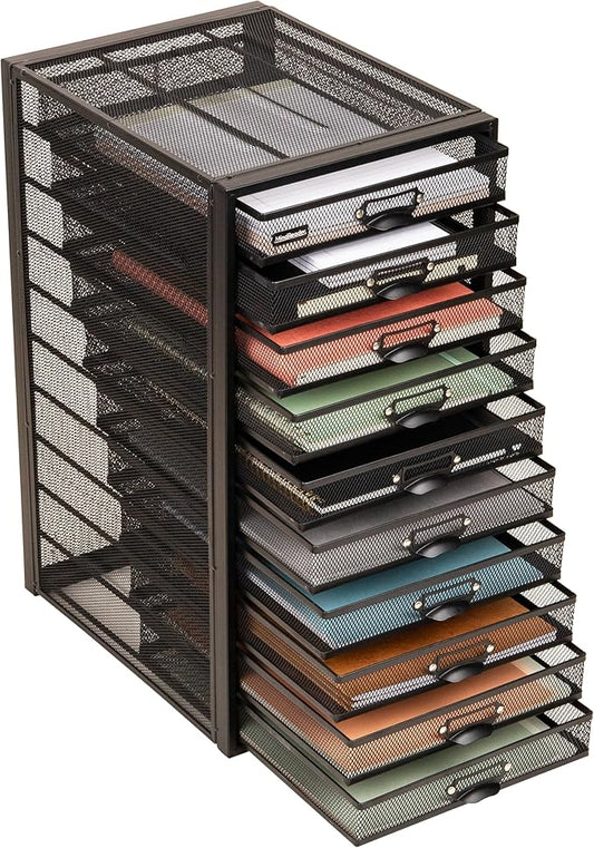 Mind Reader 10-Drawer Desk Organizer for Office Supplies, Crafts, Mail Sorting & More, Metal Mesh, 10.75"L x 14"W x 21.25"H, Black