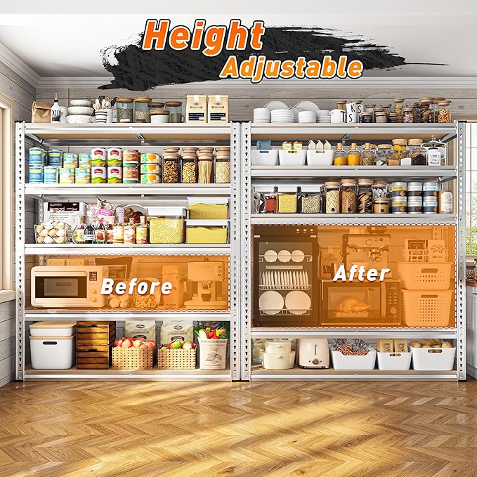 REIBII 2500LBS Garage Shelving 40" W Storage Shelves Adjustable Metal Shelving 5 Tier Pantry Shelves for Garage Closet Kitchen Basement 40" W x 19.7''D x 72''H, Silver