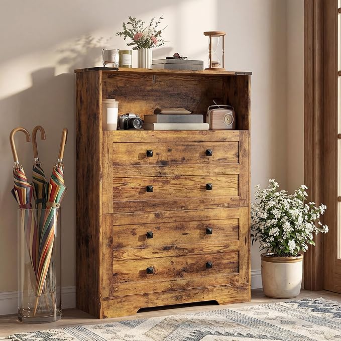 HOMCOM Shoe Cabinet with 2 Flip Drawers, Narrow Shoe Storage Cabinet with Adjustable Shelves and Open Shelf, Farmhouse Storage Organizer for Entryway, Hallway, Holds 12-16 Pairs, Rustic Brown