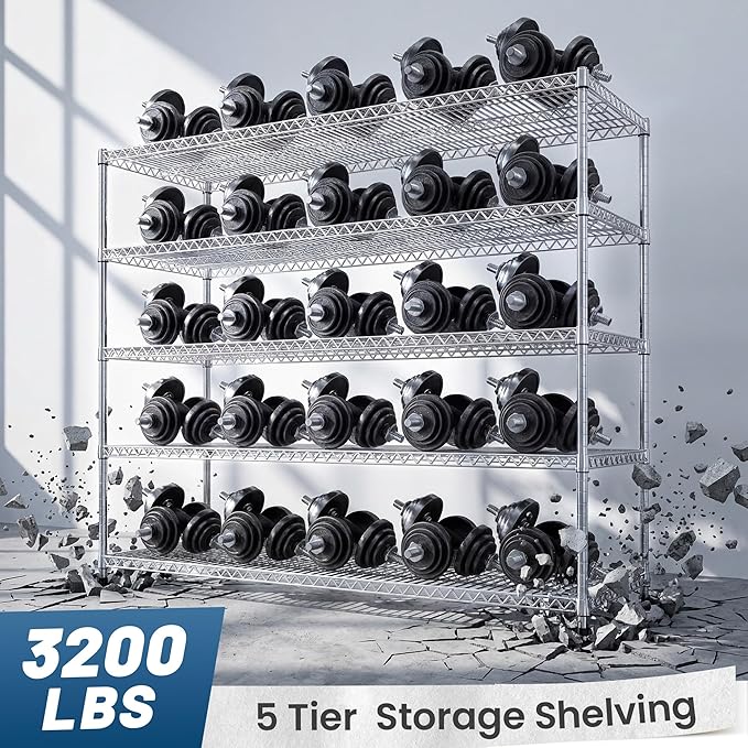 REIBII 55.5" W Storage Shelves 3200LBS Metal Shelving 5 Tier Wire Shelving Garage Shelving Heavy Duty Metal Shelves for Shelving Unit Commercial Adjustable Shelf, 55.5" W X 18''D X 71" H，Chrome