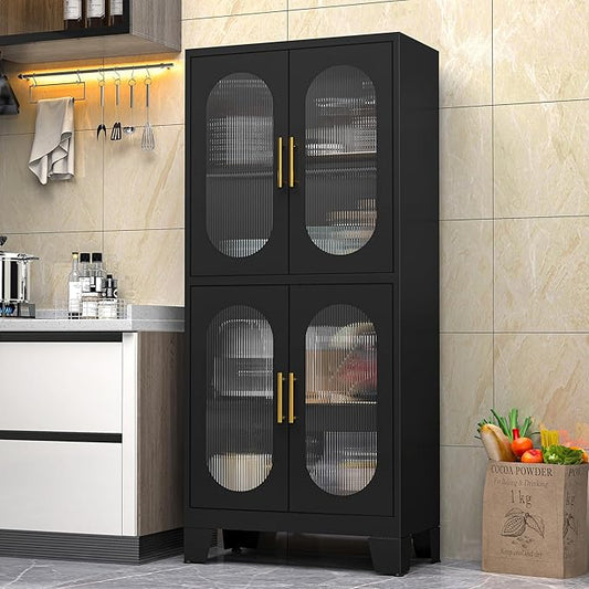 PAOFIN 61" Black Pantry Storage Cabinet, Kitchen Pantry Cabinet with Acrylic Glass Doors and Shelves, with Adjustable Leveling Foot for Kitchen, Living Room and Dining Room. 61"