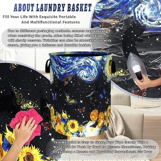 Starry Sky Sunflowers Laundry Basket Foldable Butterfly Laundry Hamper With Handle Portable Oxford Cloth Clothes Storage Basket Colorful Laundry Bag 18.9"x16.5" For Laundry Room/Bedroom/Bathrooms