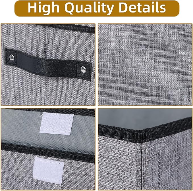 Storage Bins with Lids, Decorative Linen Storage Boxes, 17.7 x 11.8 x 11.8 Inch Closet Organizers for Shelves with Handles, Gray, 3-Pack