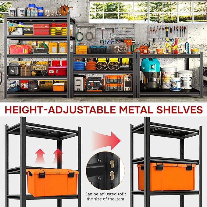 46''W/78''H Storage Shelves Heavy Duty Adjustable Metal Garage Shelving Unit Rack Metal Storage Shelf Heavy Duty Shelf for Heavy Tools and Equipment, Ideal for Garage, Basement, Black