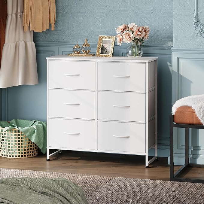 WLIVE White Dresser for Bedroom with 6 Fabric Drawers, Closet Dresser with Metal Frame, Wooden Top, Chest of Drawers for Closet, Living Room, Hallway